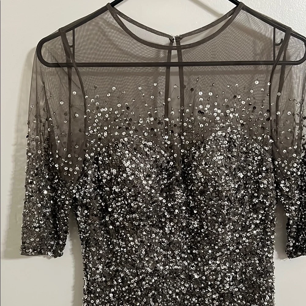 Adrianna Papell Silver Sequin Long Sleeve Mesh Dress - Picture 2 of 8